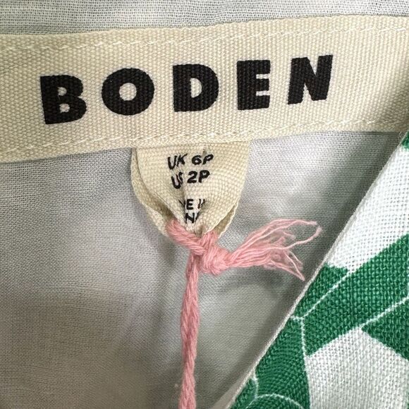 Boden Dress Womens 2P Green White Geometric Sleeveless Midi 100% Linen Pockets - Picture 2 of 10
